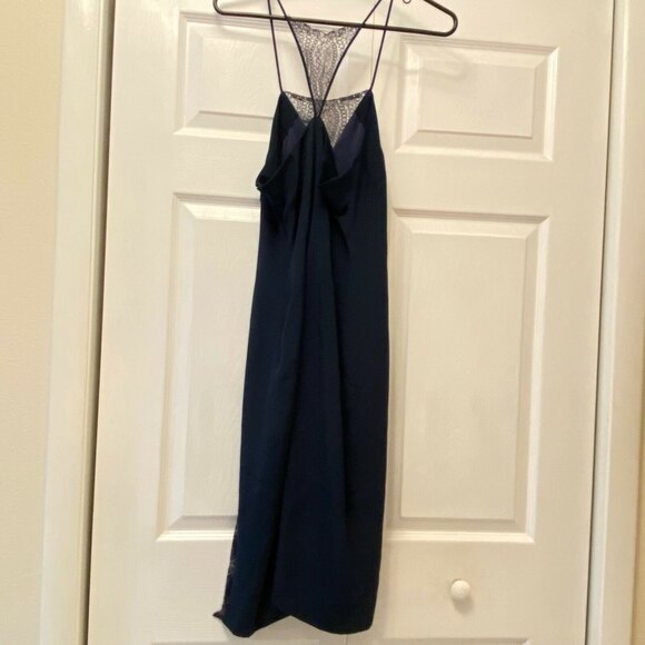 Tamara Mellon Lace-Insert Spaghetti Strap Navy Blue Silk Slip Mini Dress Size 2 - Picture 6 of 12